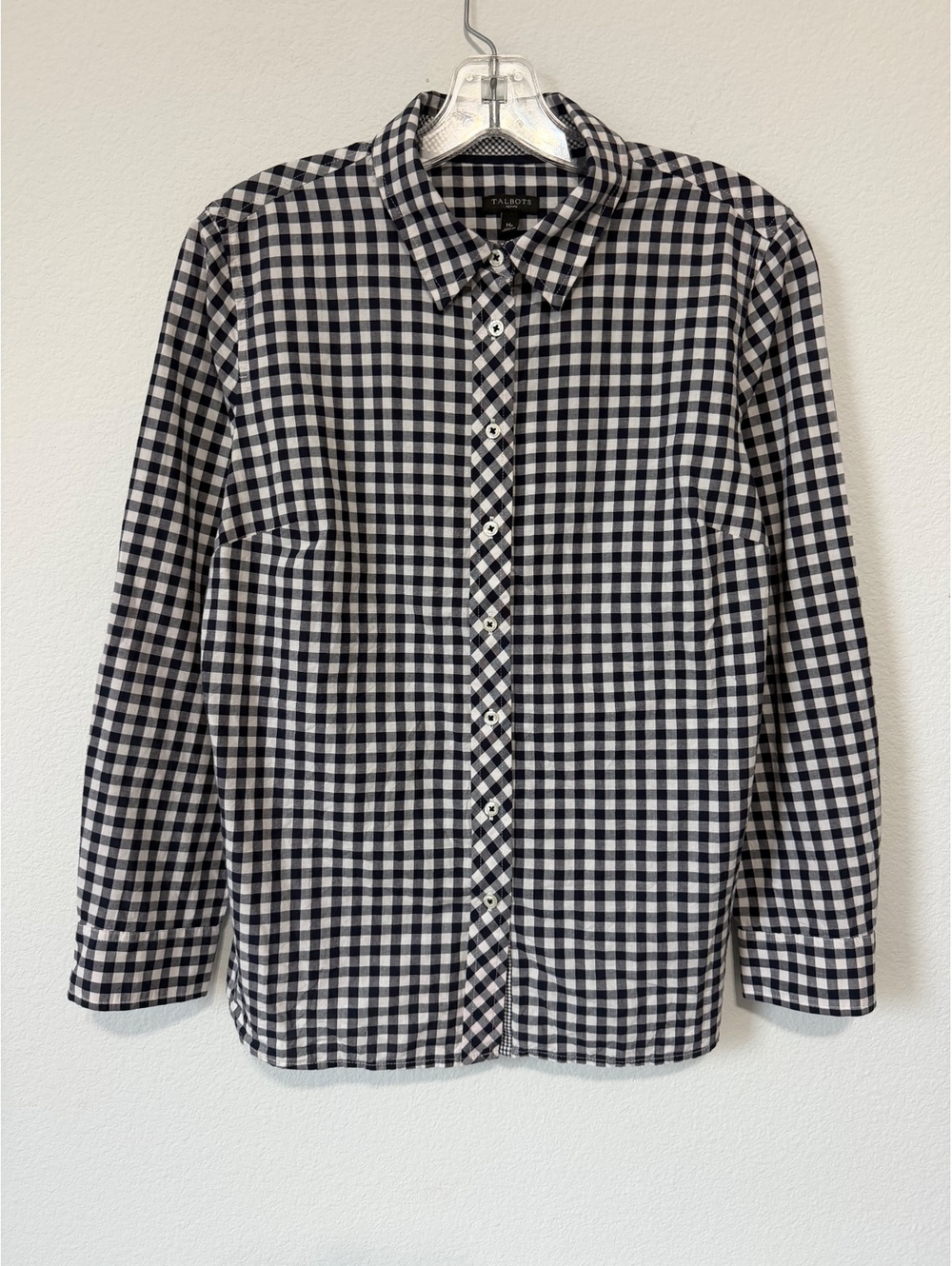 Talbots Navy Blue/White Gingham Long Sleeve Button Up Shirt Womens Size M petite